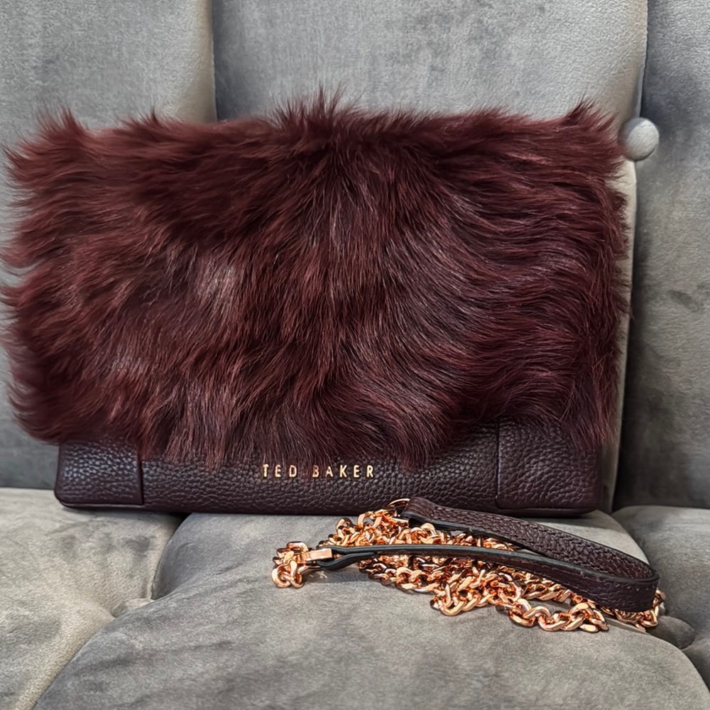Ted Baker Burgundy Clutch/Crossbody with Luxurious Fur